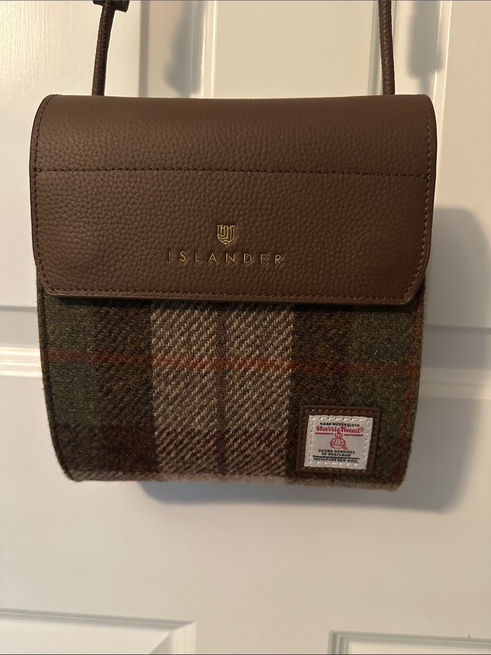 Islander Brown Vegan Leather & Green Tweed Crossbody Bag with Gold Logo